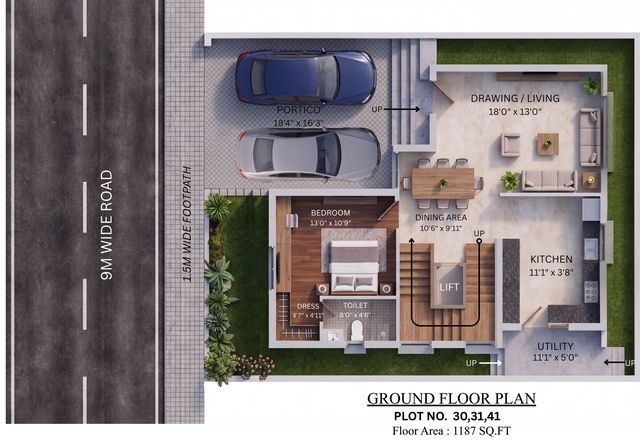 Ground floor plan of the type L villa