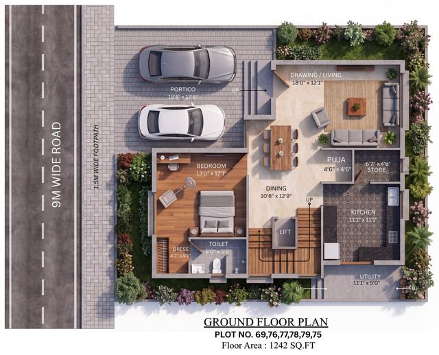 Ground floor plan of the type P villa
