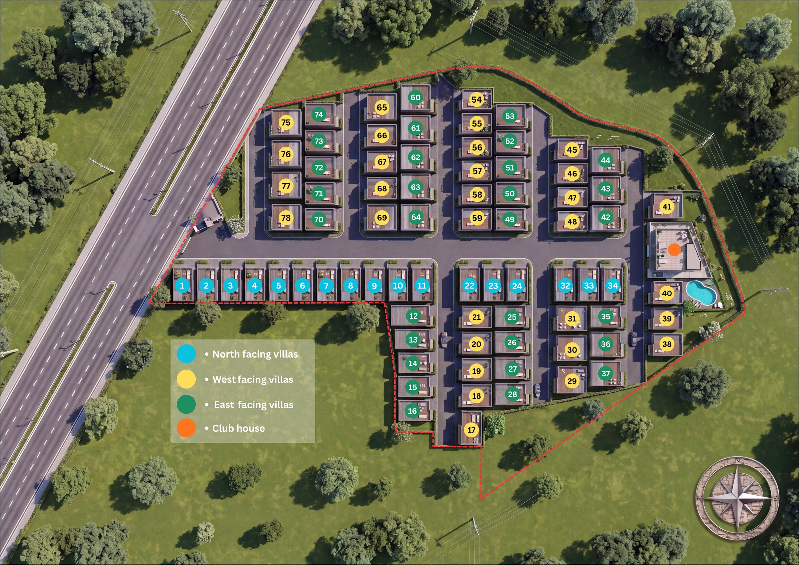 Master plan of SRKg Purvi, showing 78 villas coloured by the way they face, the roads and the club house