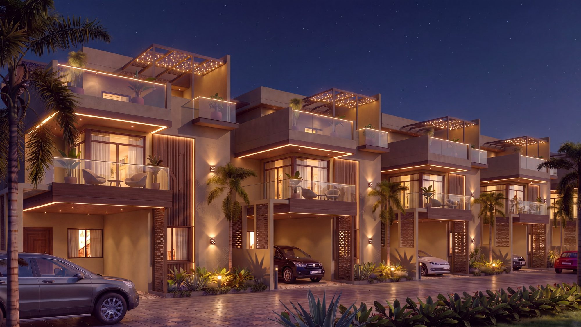 A street of villas at SRKg Purvi at dusk, architect’s view
