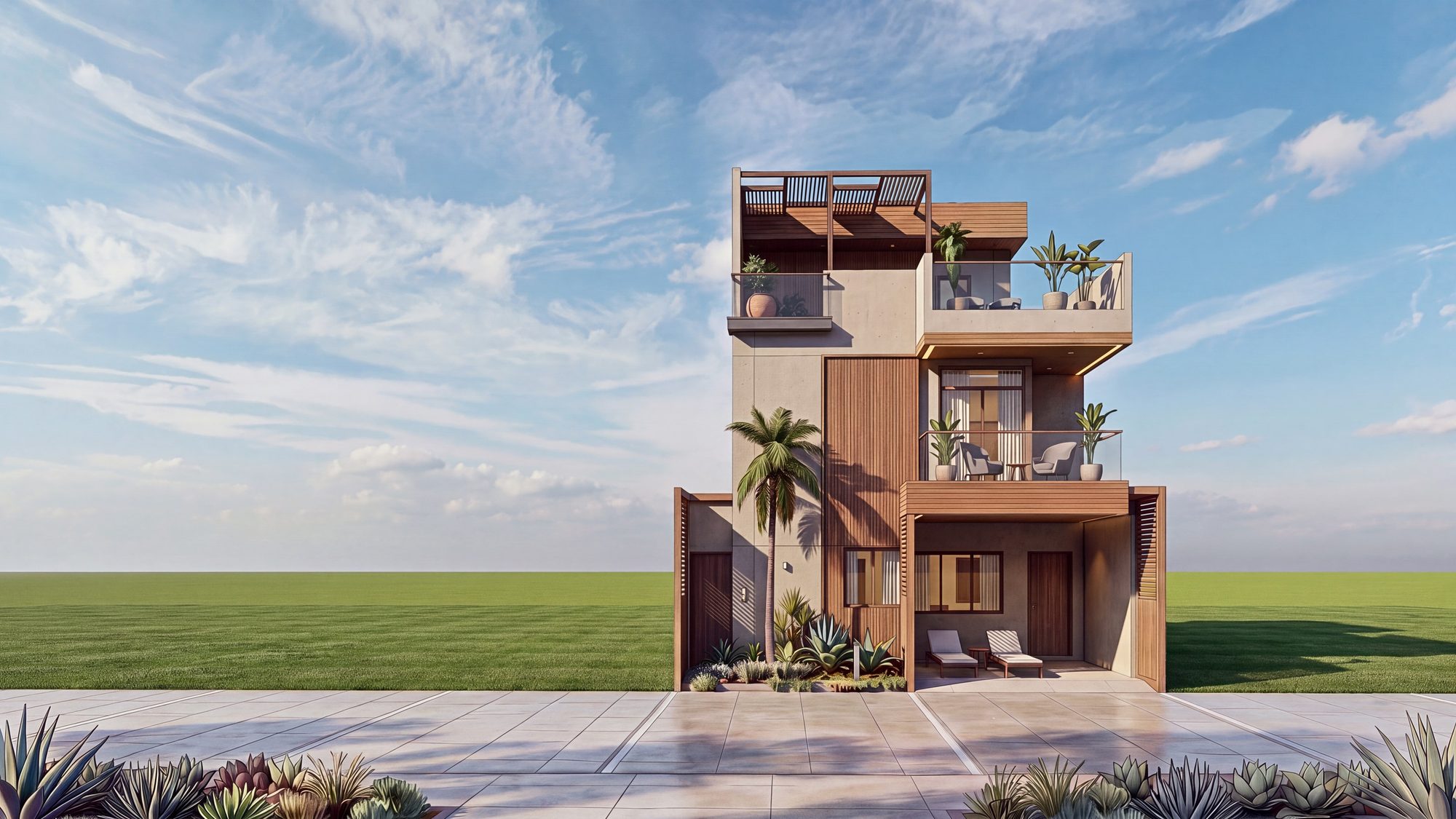 An east facing villa at SRKg Purvi in the morning, architect’s view