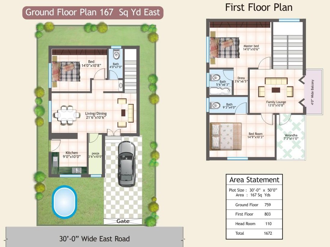 Ground and first floor plan of the 167 sq yd, east facing villa