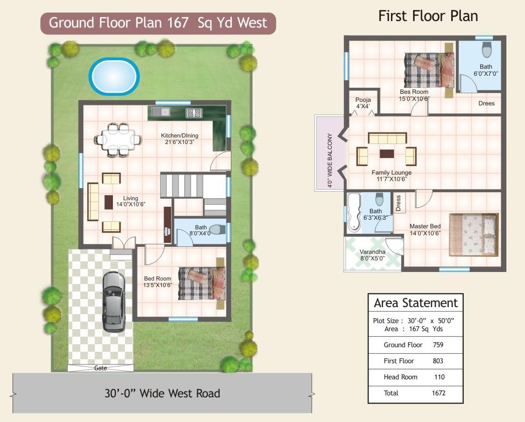 Ground and first floor plan of the 167 sq yd, west facing villa