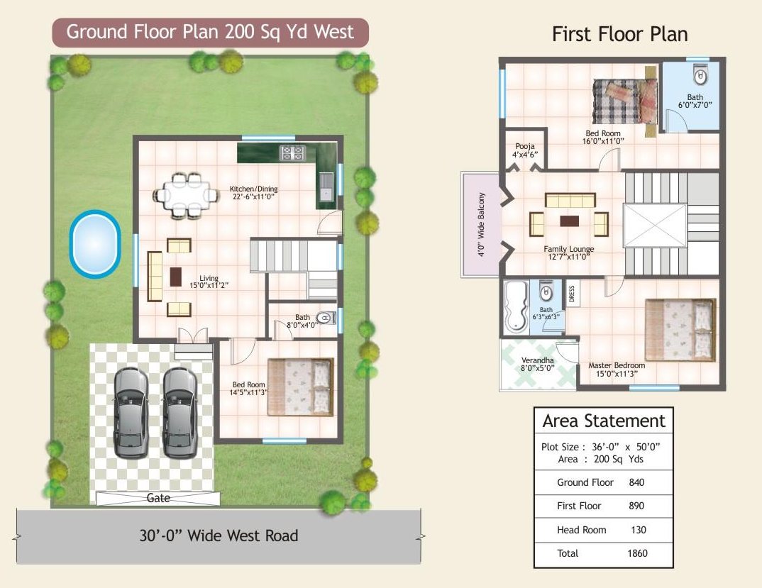Ground and first floor plan of the 200 sq yd, west facing villa