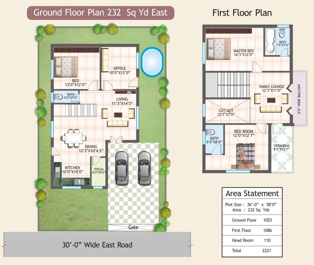 Ground and first floor plan of the 232 sq yd, east facing villa