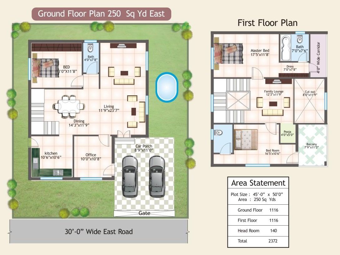 Ground and first floor plan of the 250 sq yd, east facing villa