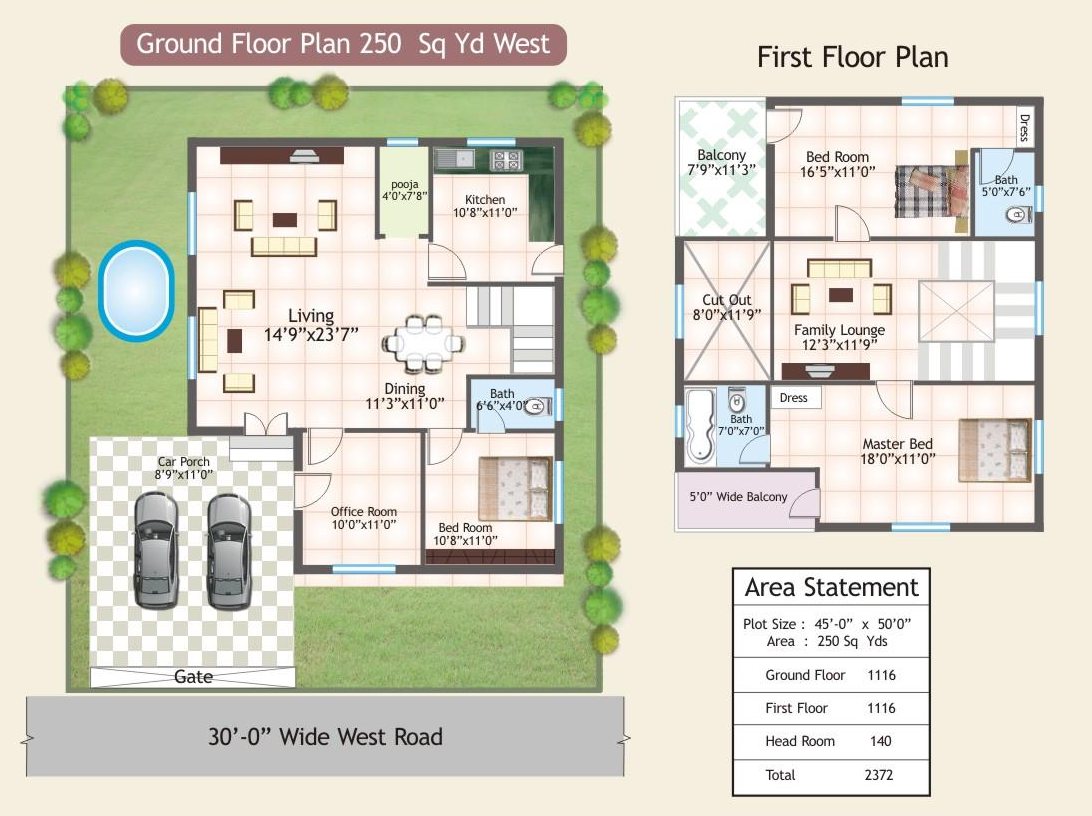 Ground and first floor plan of the 250 sq yd, west facing villa
