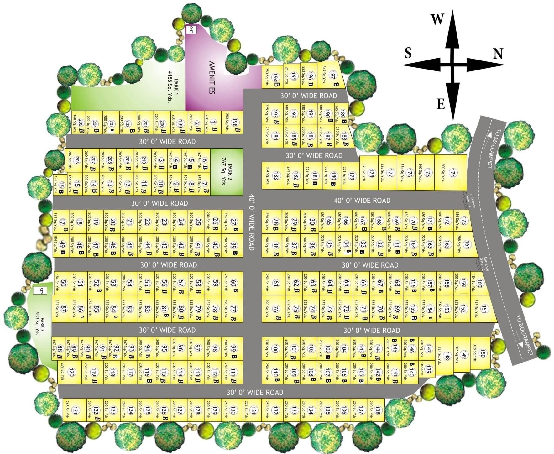 Layout plan of SRK Green Park, showing plots, roads and parks
