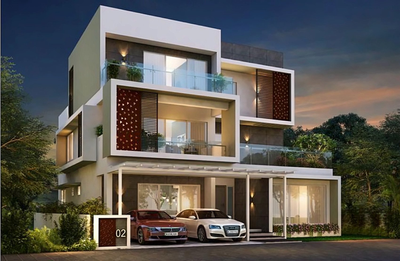 A three-level villa at dusk, reference image